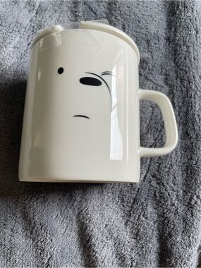 MIniso Cartoon We Bare Bears Ceramic White Bear Face Mug with Lid - Home Dining